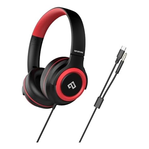 INFURTURE CH2 Kids USB C/3.5mm Headphones for Children Boys Girls, Volume Limit 94dB, On Ear Headphones,Wired Headphones for Teens School, Travel, for Cellphones, Tablets, PC, Kindle(Black Red) Cover