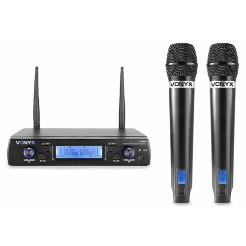 Vonyx WM52 Set de Micrófono Inalámbrico Doble de Mano UHF con 16 Canales, Incluye 2 Micros Inalambricos y 1 Receptor, Ideal para Escenarios, Presentaciones, Microfono Reuniones, Micros para Cantar