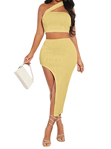 Verdusa Women's 2 Piece Outfits One Shoulder Crop Top And Split Bodycon Skirt Sets Yellow Xs #TOP15