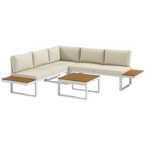 Outsunny Conjunto de Muebles de Jardín Exterior 4 Piezas Juego de Muebles de Terraza Incluye 2 Sofás Dobles 1 Sofá Esquinero Reclinable y Mesa de Centro Mesita Lateral con Cojines para Patio Crema