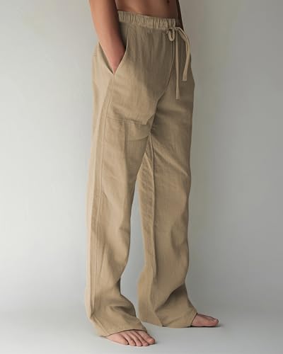 Image of PIDOGYM Mens Cotton Linen Pants, Summer Beach Pants Casual Loose Fit with Elastic Waist Drawstring