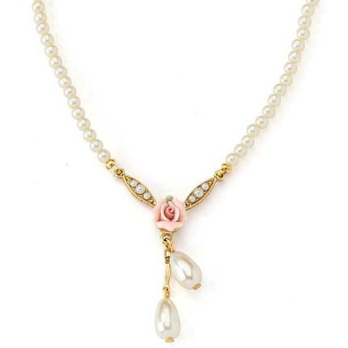 1928 Jewelry Bridal Pink Porcelain Rose and Simulated Pearl Necklace