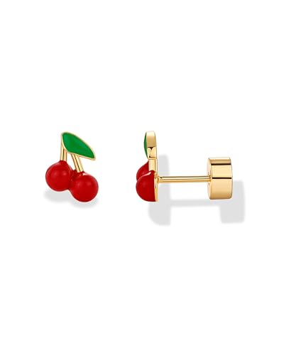 PAVOI 14K Gold Plated Sterling Silver Posts Enamel Flatback Stud Earrings for Women - Colored Chili Pepper Strawberry Peach Cherry Emoji Screwback Earrings - Dainty Helix Cartilage Piercing Jewelry