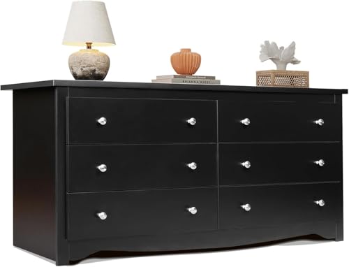 Image of WLIVE Wood Black Dresser with 6 Drawer, Wide Chest of Drawers for Bedroom, Long Nightstand with Drawers, Modern Large Storage Tower Unit, Closet Store Organizer for Living Room