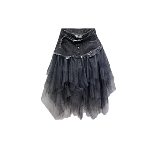 Women’S High Waist Denim Mini Skirt Irregular Mesh Patchwork Tassel Detail Club Party Short Jean Bottoms