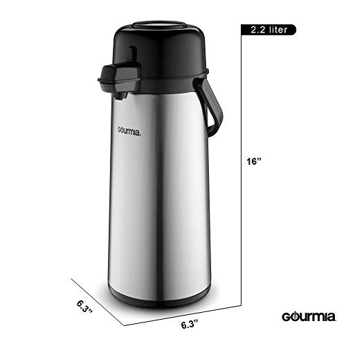 Gourmia GAP9820 Airpot Thermal Hot & Cold Beverage Carafe With Pump Dispenser 2.2L Capacity Glass Lined