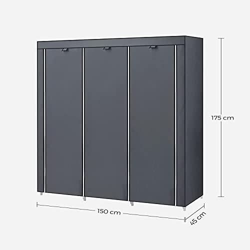SONGMICS Armadio in Tessuto, Guardaroba Pieghevole con Barra di Sospensione, Appendiabiti, Scaffale per Borse, Giocattoli, Scarpe, Soggiorno, Camera da Letto, 150 x 45 x 175 cm, Grigio RYG12G