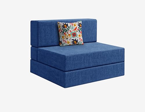 Image of Los Angeles Foldable One Seater Sofa Cum Bed, Sofa Bed 3 X 6 Feet Jute Fabric Washable Cover- Including Cushion Perfect for Living Room - Blue Color