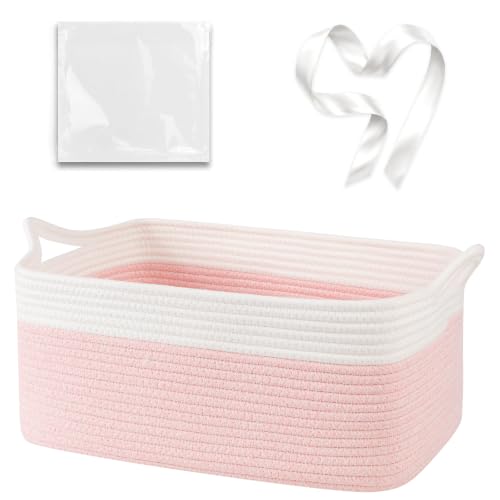 Image of OIASKET Large Empty Cotton Rope Gift Basket with Handles, 16.5 inchx12.6 inchx7 inch Decorative Woven Storage Basket with Gift Bag and Ribbon Set for Baby Shower, Toy Organizer for Kids, Dogs & Cats - Pink&White