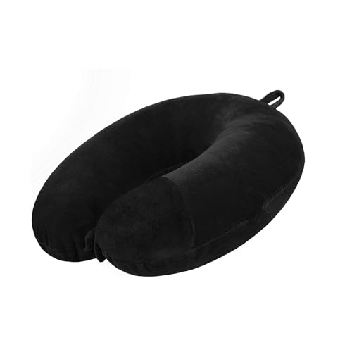 Image of U-Shaped Neck Pillow Soft Fiber Filled Travel Cushion with Snap Button, Comfortable Fabric, Neck Support for Flight, Bus, Car, Neck Pillow for Pain Relief (Black)