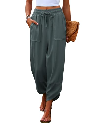 Womens Linen Baggy Wide Leg Pants Drawstring Elastic Waisted Casual Harem Palazzo Trousers with Pockets
