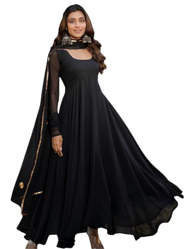 Image of ESTELA Women's Solid Pattern Faux Georgette Anarkali Kurta Pant Dupatta Set with Long Sleeve Square Neck Calf Length and Pull On Closure Type | Anarkali Suit For Womens | Flair Suit For Women