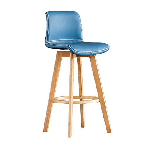 Taburete de bar de madera, 71 cm de alto, silla de desayuno con respaldo acolchado y asiento giratorio de 360°, diseño rústico nórdico para comedor, cafetería, color azul