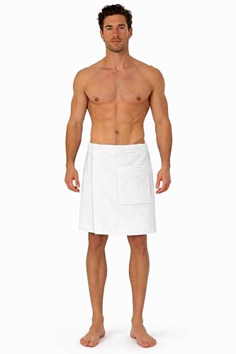 Turkish Cotton Terry Velour Adjustable Body Wrap Towel for Men (White, One Size)