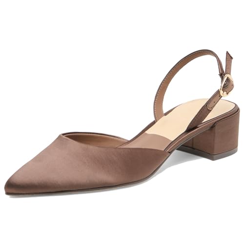 VARECOLA Women's Slingback Buckle Low chunky Block Heel Sandals Closed Pointed Toe Satin Texture Shoes Wedding Party Dressy Pumps