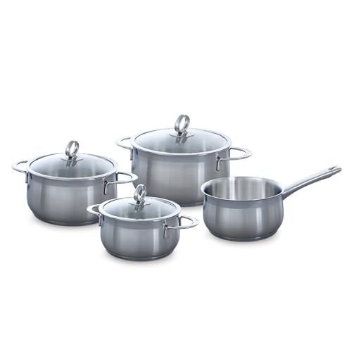 Excellent Set di 4 Pentole in Acciaio Inox con Coperchio Induzione Sicure per Forno fino a 230C Durevoli ed Efficienti dal punto di vista Energetico Lavastoviglie Senza PFAS Argento