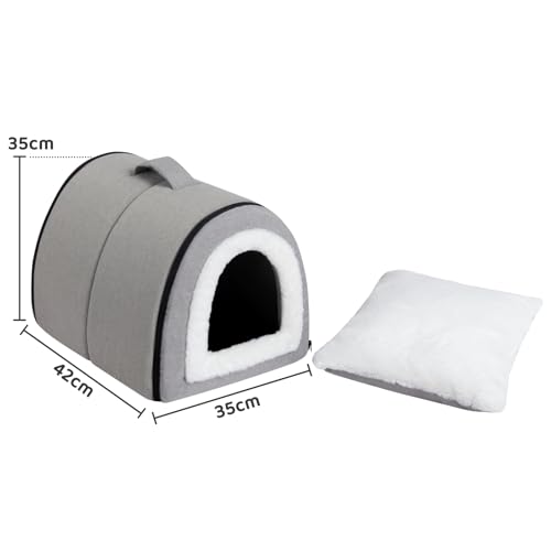 Hollypet Katzenbett Kleiner Hundebett, Haustierbett aus Leinen 2-in-1 Faltbares Katzenhöhle, Warmes Höhlennest für Katzen & Kleine Hunde, Grau