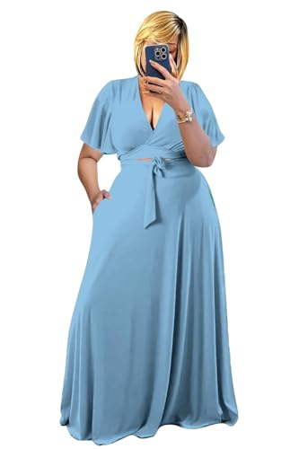 Image of Plus Size Women's 2 Piece Outfits Casual Short Ruffle Sleeve Wrap Crop Top Maxi Long Dress Flowy Matching Sets