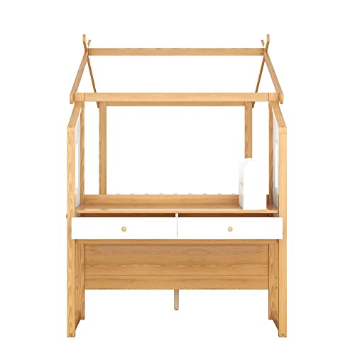 Aty House Shaped Full Size Bed With Built-In Desk, Wood Bunkbed Frame W/Separate Storage Pen Case, 2 Drawers, Roof & Windows Design, Perfect For Kids, Teens, Students, Sspace Saving, Natural+White #TOP7