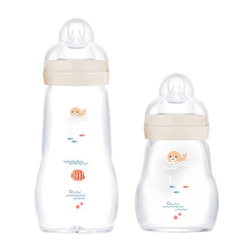 MAM Feel Good Biberon en Verre Lot de 2 (170 ml & 260 ml), avec tétine 1 Débit Lent pour Nouveau-né, Mixte