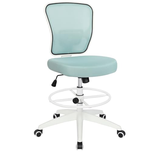 Image of HYLONE Drafting Chair Adjustable Height Tall Office Chairs Standing Desk Chair Rolling Stool Chair Armless Office Drafting Chair Blue