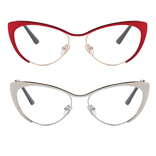 Image of 2Pack Cat Eye Reading Glasses For Women Metal Frame Blue Light Blocking Computer Readers (red /silver, 2.25, multiplier x)