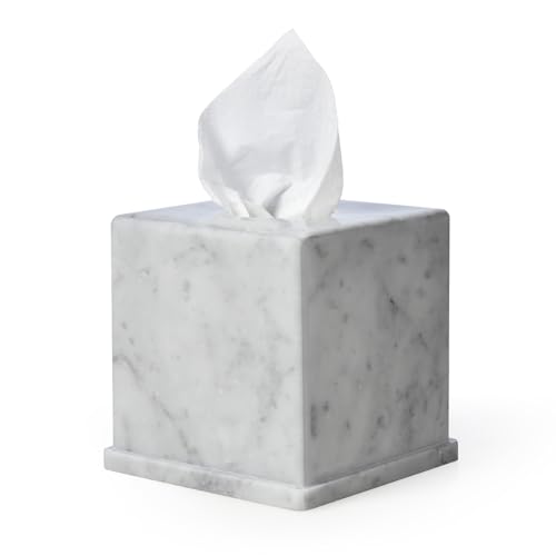 HAMAKAWA Natural Marble Tissue Box Cover, Carrara White Tissue Organizer 6 X 6 X 5.7 Inch, Heavy Stone Decorative Box, Square Tissue Box Holder for Home Decor, Kitchen, Bathroom