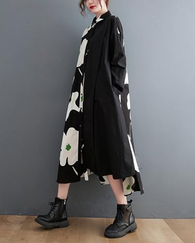 ellazhu Women's Casual Irregular Patchwork Lapel Floral Long Dress Buttons Down GZ144