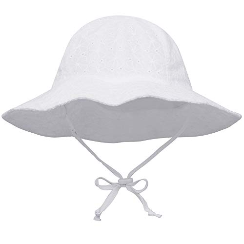 ThunderCloud Baby 50+ UPF Sun Protective Wide Brim Bucket Hat,White Flower,0-12 Months