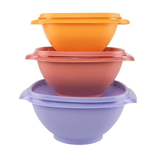 Parasole Tupperware Set di 3 ciotole con coperchio parasole, colore arancione, 860 ml, rosa antico, 1,3 l, lilla 1,9 l (con bicchiere per yogurt)