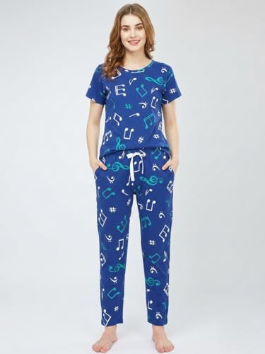 Image of VJ Fashion Women's Cotton Lycra Printed & Knitted Round Neck Night Wear Set of Top and Pazama