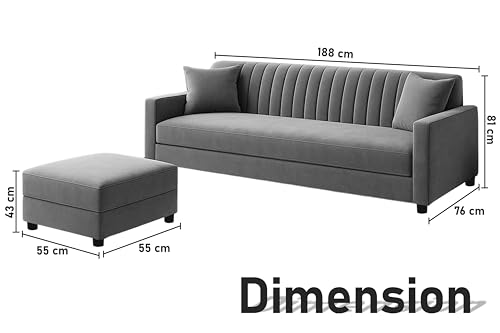 Image of Los Angeles Modern 3-Seater Wooden Sofa Set with Ottoman, Soft Velvet Upholstery, Comfortable Couch for Living Room, Office & Apartment - Grey Color