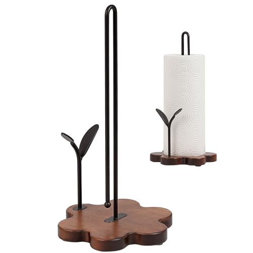 Tocemei Wooden Paper Towel Holder Countertop, Floral Base with Dual Iron Rods in Antique Brown Finish, Leaf-Shaped Accent, Stable & Durable, Non Slip Pads, Elegant Kitchen/Dining Décor