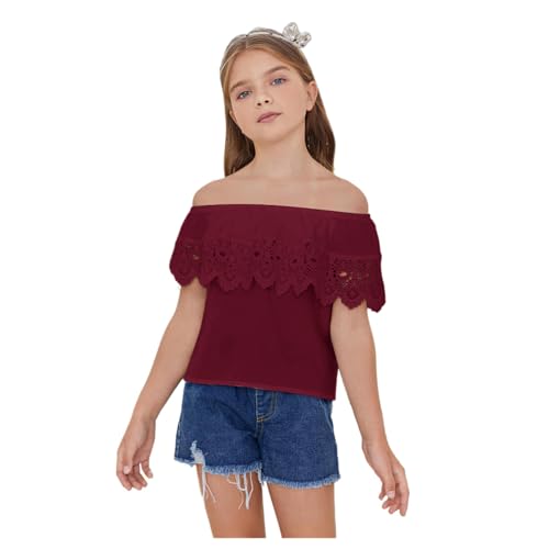 Image of WDIRARA Girl's Folklorico Shirt Off Shoulder Ruffle Trim Lace Blouse Tops | Short Sleeve, Mexican Blouse, Dressy Peasant Tee, Casual