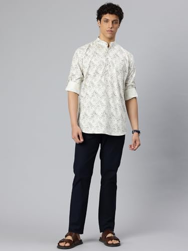 Image of Majestic Man Men's Pure Cotton Printed Mandarin Collar Regular Fit Roll-Up Sleeves Short Kurta