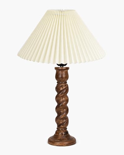 Image of Homesake Classic Twister Wooden Table Lamp with Shade | Handcrafted Bedside Lamp, E27 Holder| Bulb Included |Warm Light Night Lamp, Bedroom, Living Room, Study & Home Decor, (Pleated Off-White)