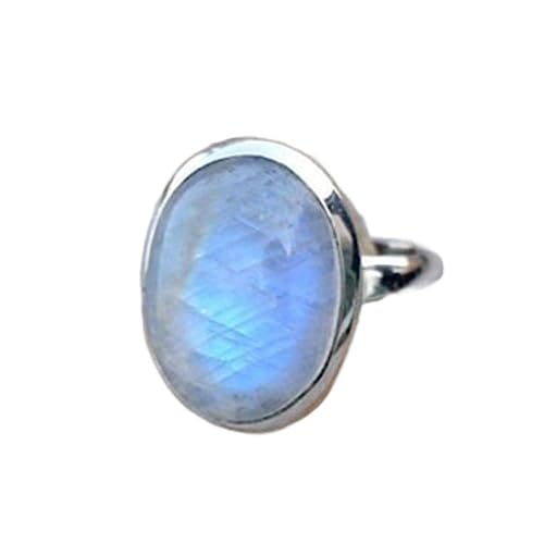 QUSIIOSLK 925 Sterling Silver Moonstone Ring Boho Rainbow Oval Shape Moonstone Ring Natural Moon Gemstone Solitaire Rings Jewelry for Women Size 6-11 11