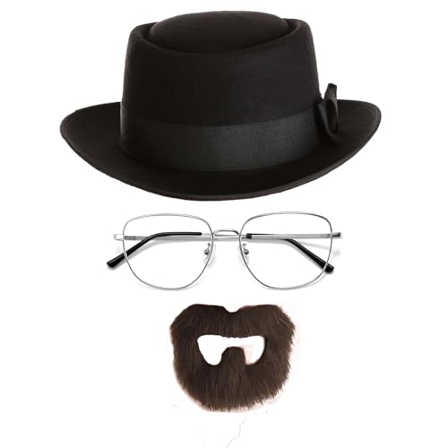 Tiff-K Halloween Costume Accessories Men Set Include Felt Fedora Transparent Lens Glasses Fake Beard for Walter White Cosplay Party