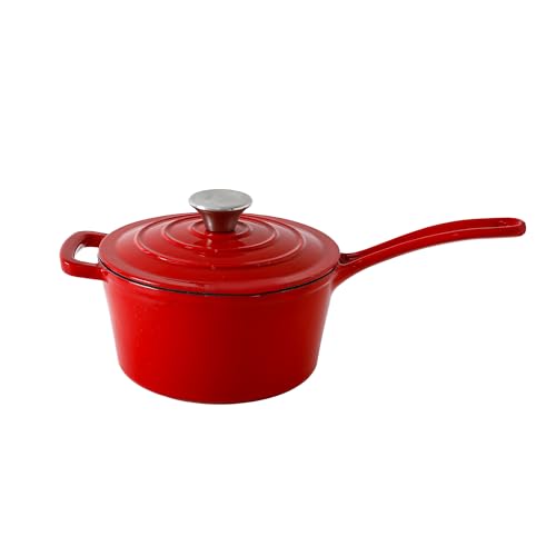 Image of The Better Home Rustic Series Grill Pan Cast Iron | Enamel Coated Cast-Iron Non Stick Pan with Silicon Sleeve | Gas & Induction Cookware with Long Ergonomic Handle | Saucepan with Lid (Red)