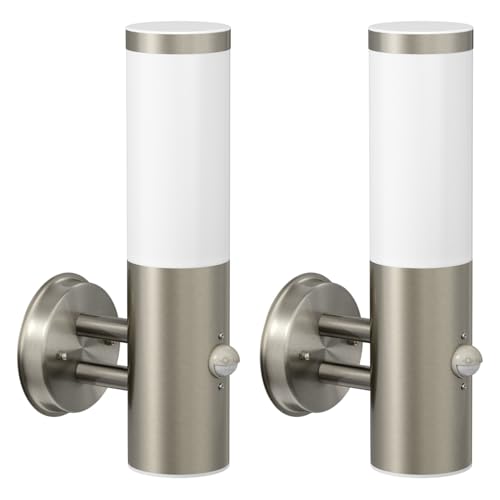 ledscom.de 2 Stück Wandleuchte PORU für außen, Edelstahl, rund, Bewegungsmelder, inkl. E27 Lampe, Energieeffizienzklasse A (warmweiß, 4W, 935lm)
