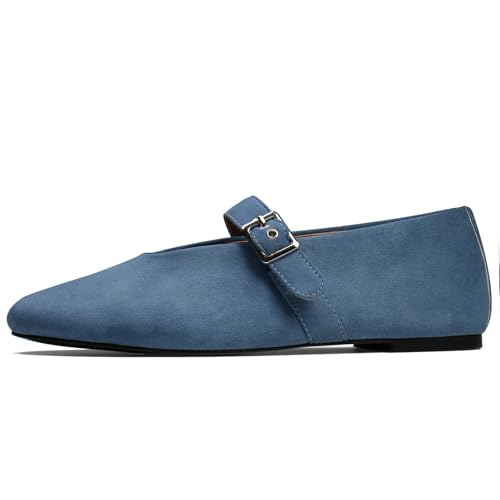 Mary Jane Ballet Flats for Women Buckle Strap Round Toe Suede Wide Width Flats Casual Ballerina Shoes