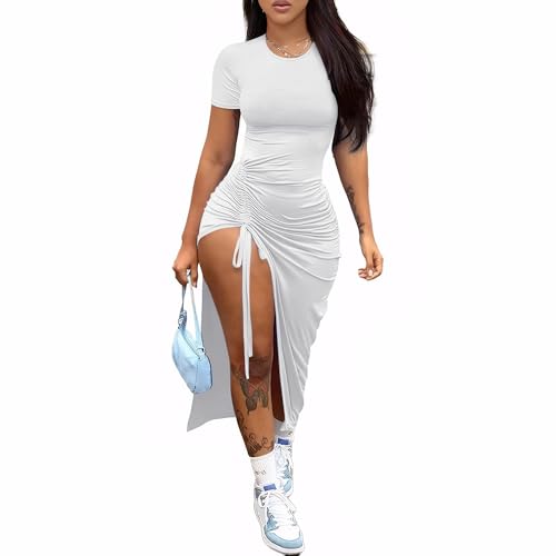 Image of Nimsruc Women Sexy Summer Dresses Short Sleeve Thigh-high Slit Ruched Bodycon Maxi Club Cocktail Party Dress