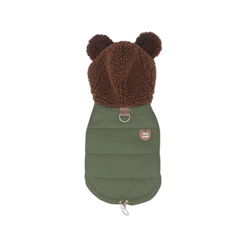 AttRex 犬服 かわいい ダウンベスト風ジャケット ボア 厚手 暖かい 防寒 ドッグウェア パーカー クマ形のフード付き 小型犬 中型犬 冬服 ふわふわ 綿服アウター お出かけ 散歩 (S,グリーン)