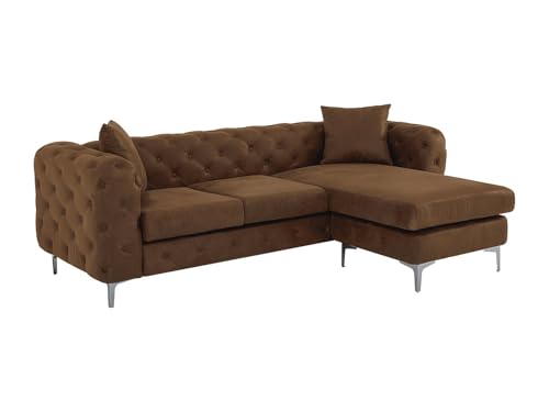 Vente-unique - Canapé d'angle réversible Chesterfield en Microfibre Aspect Cuir Vieilli Marron Edwina