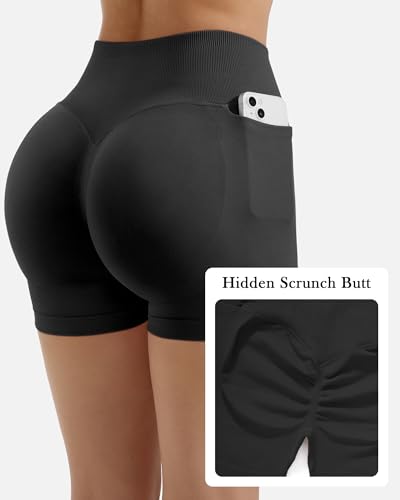 SUUKSESS Women Hidden Scrunch Butt Lifting Workout Biker Shorts with Pockets 4" Seamless High Waisted Gym Shorts2