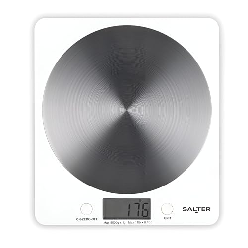 Salter White Disc Digital Kitchen Scale – Electronic Food Scale, Add & Weigh Multiple Ingredients, 5kg Capacity, Aquatronic for Measuring Liquids, Easy Read LCD Display, Includes Battery