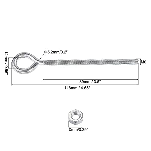 Image of uxcell M6x90mm Eye Hooks Screws Bolts Kit, 10pcs Carbon Steel Hanger Eyelet Hooks Screw with Hex Nuts for Metal Hook, Wood Terminal Ring Hooks