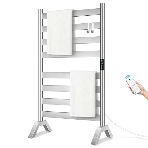 Heated Towel Racks for Bathroom Freestanding & Wall Mounted WiFi-enable Electric Towel Warmer Rack Extra-Wide Heating Area Fast Heating with Timer & Temperature Control 8 Bars Nickel Silver