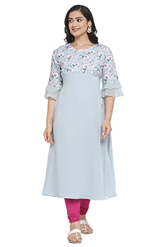 Image of Crepe Floral Regular Kurta (Women Light Blue XL)