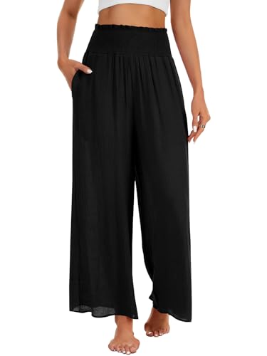 OPOIPIN Women's Smocked High Waisted Lounge Trousers Wide Leg Long Pants with Pockets2